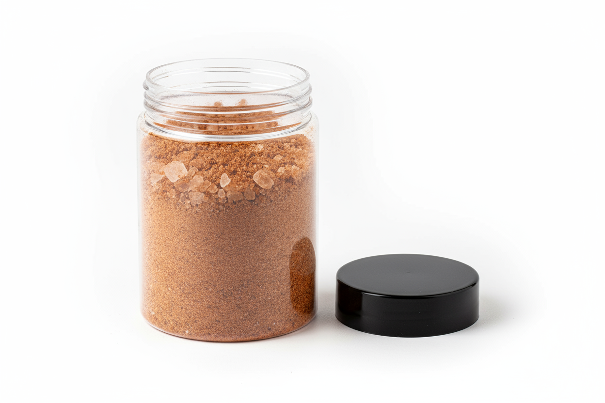 show a 10oz clear plastic jar with black lid next to it. Show the contents in the jar as course salt and powdery mix in a copper brown color.
