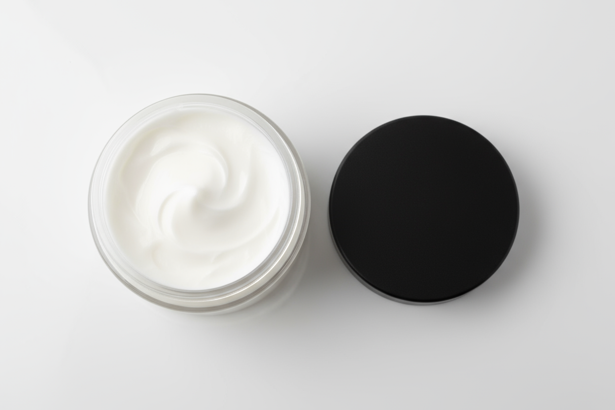4oz clear plastic jar with black lid sitting next to it. Looking down into the jar a white cream